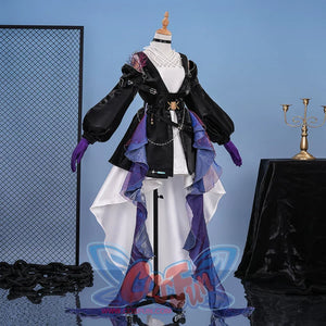 Highlights the mix of textures—satin gown, glossy black jacket, and sheer purple layers—adding depth to the design.