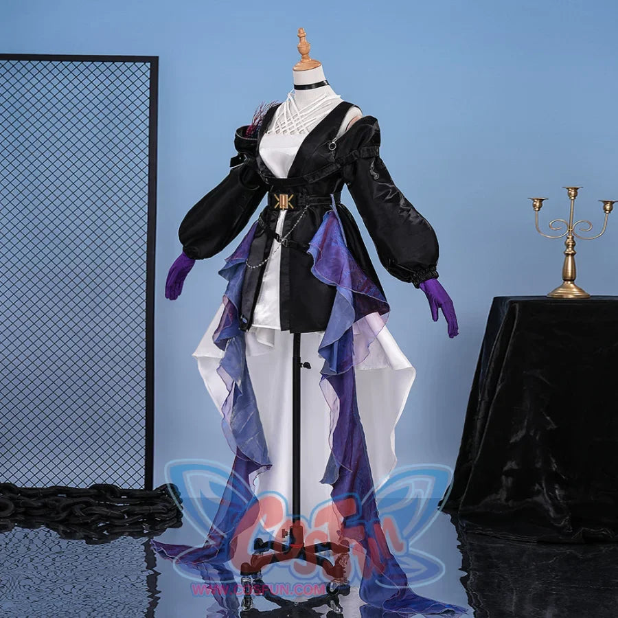 Displays the full layered look—black jacket, white inner dress, and flowing purple - blue sheer panels. Perfect for fantasy - themed cosplay.