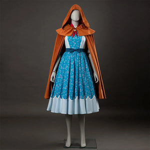 Holly cosplay costume with yellow-brown hooded cloak, blue floral dress, and light blue hem details