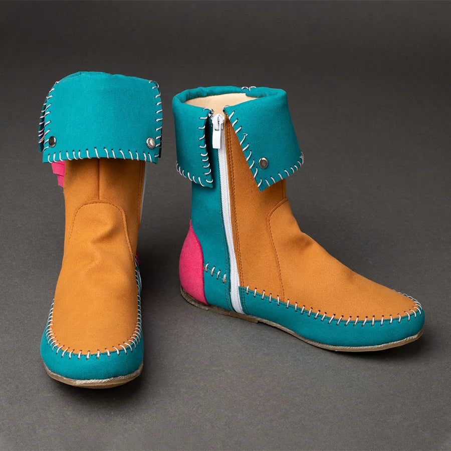 COSFUN Stranger Things Holly Wheeler cosplay boots pair teal turn-down cuffs over magenta and orange patchwork panels.