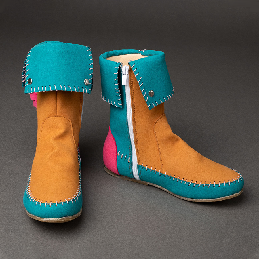 Holly cosplay boots front view featuring teal fold-over cuff and white front zipper