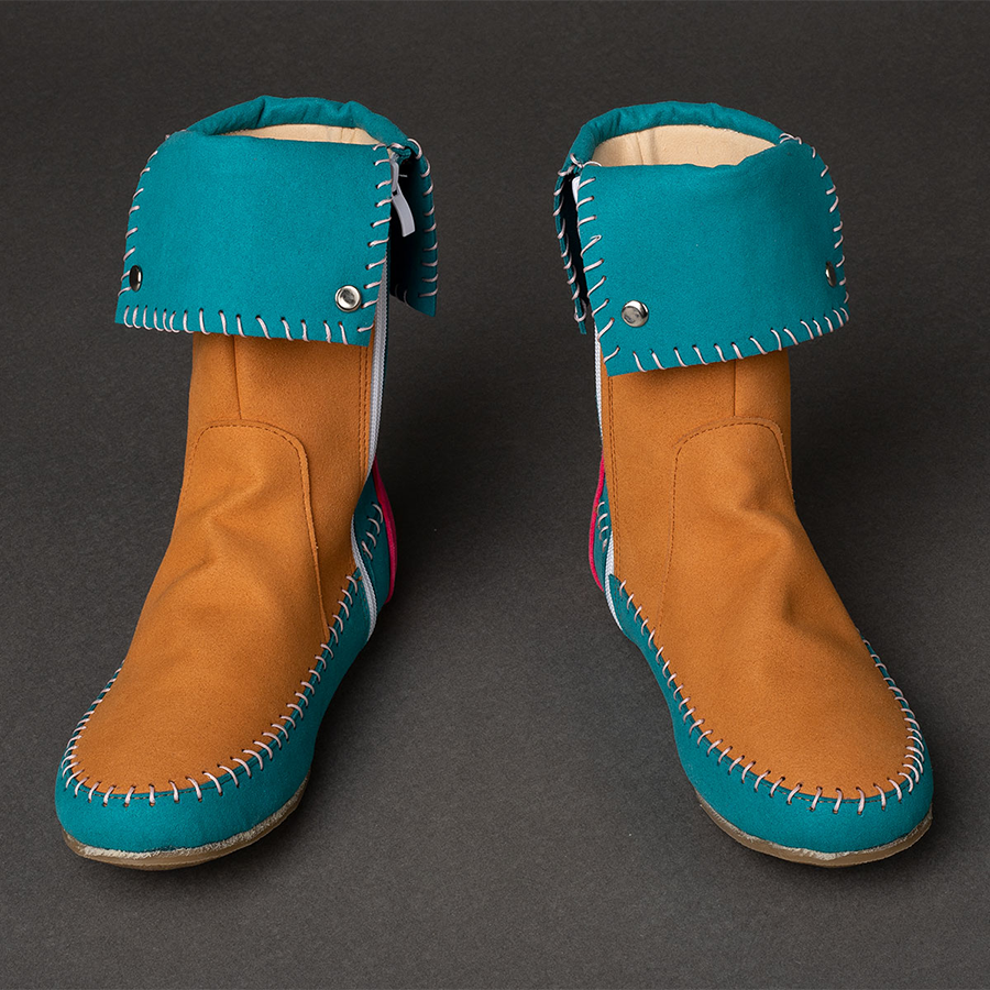 Holly cosplay boots front view featuring teal fold-over cuff and white front zipper