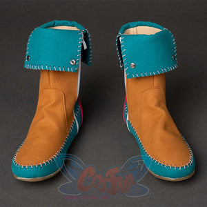 Holly cosplay boots pair with teal fold-over cuff, tan suede shaft, and hand-stitching