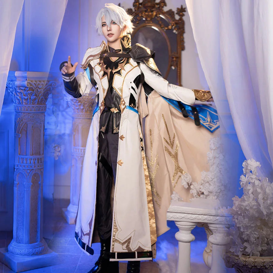 COSFUN Honkai: Star Rail Phainon cosplay costume full set layers gold-trimmed white coat over black tunic.