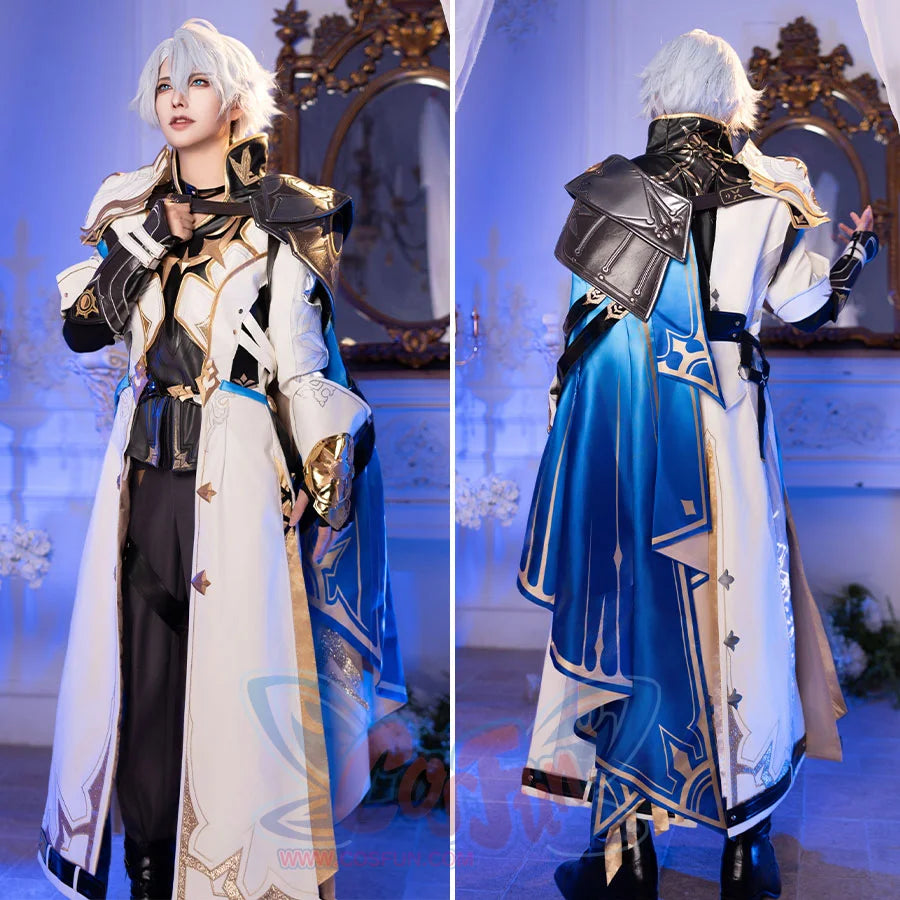 Honkai: Star Rail Phainon cosplay costume front and back view pairs patterned cape with shoulder armor.