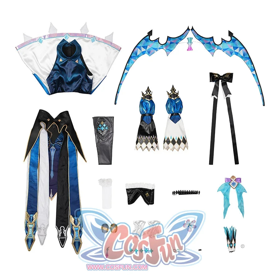 Honkai: Star Rail Cerydra Cosplay Costume includeds hairband, dress, sleeves, gauntlets, sleeve covers, wrist ornaments, waist belt, stockings, thigh sleeves, thigh ornaments, socks, back bow, wings, bow tie, flower waist ornament, gradient waist ornament, ring, crown.