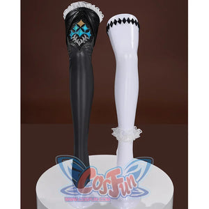 Honkai: Star Rail Cerydra Cosplay leg ornaments, including black PU leather stockings decorated with gold, blue, and silver geometric patterns, white socks, thigh sleeves, and thigh ornaments.