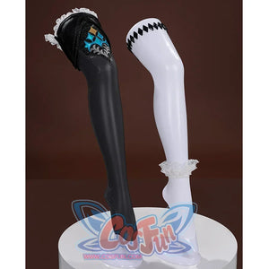 Honkai: Star Rail Cerydra Cosplay leg ornament's side view, including black PU leather stockings decorated with gold, blue, and silver geometric patterns, white socks, thigh sleeves, and thigh ornaments.