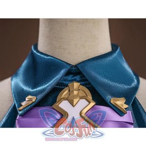 Honkai: Star Rail Cerydra Cosplay Costume collar was made of shiny teal satin, the lapel is secured with a small gold ornament at each end.