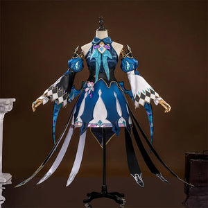 Honkai: Star Rail Cerydra Cosplay Costume's main color is dark blue, and it is matched with a lot of accessories, the upper part of the sleeves is lantern sleeves, and the lower part is trumpet sleeves, the left and right colors are asymmetrical, with shoulder guard decorations, and the skirt has a lot of ribbon decorations.