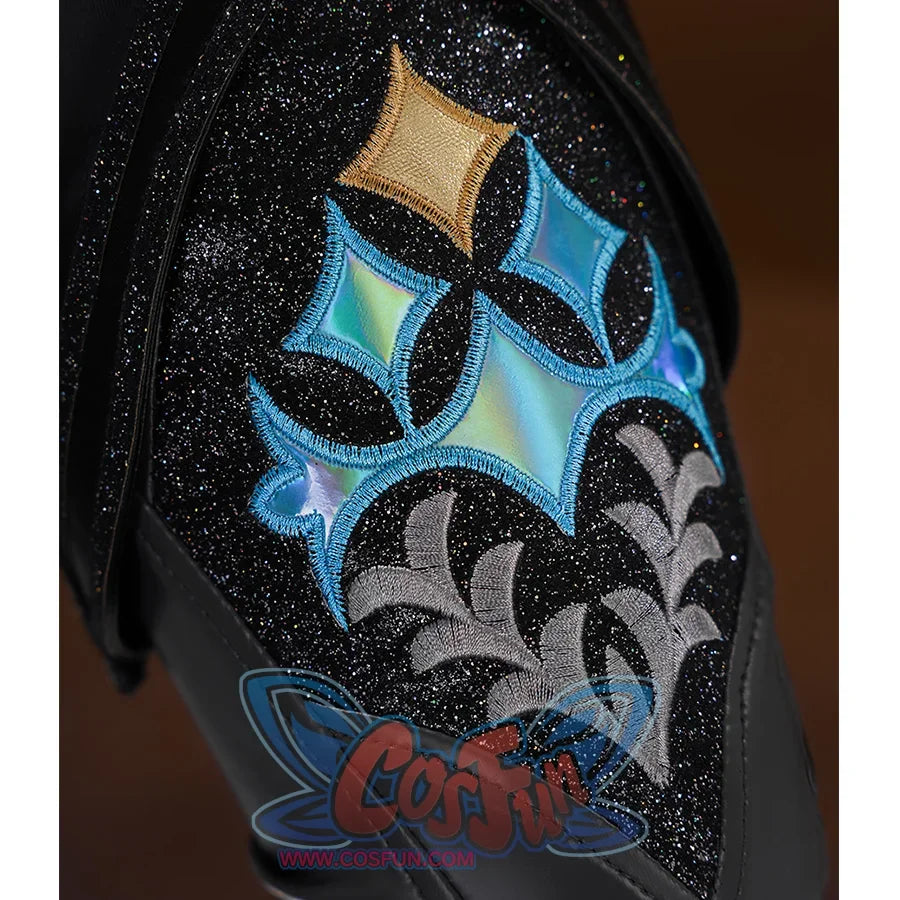 Honkai: Star Rail Cerydra Cosplay Costume about black PU leather stockings decorated with gold, blue, and silver geometric patterns.