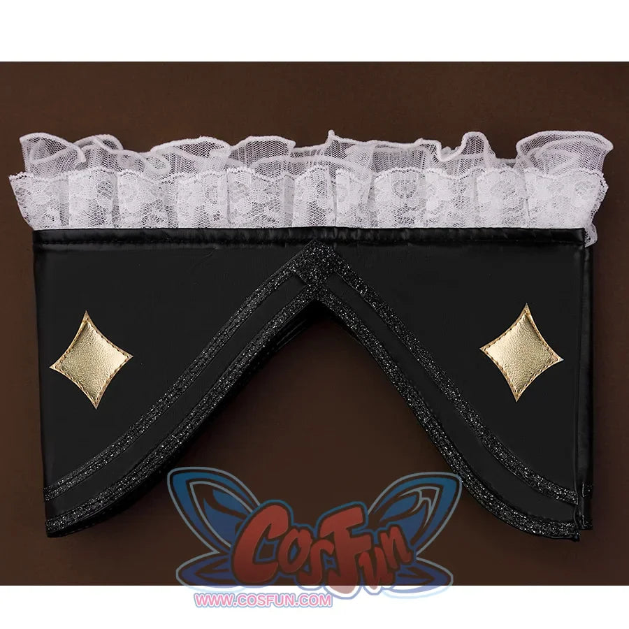 Honkai: Star Rail Cerydra Cosplay black PU leather thigh cuffs with gold diamond embellishments and lace top.