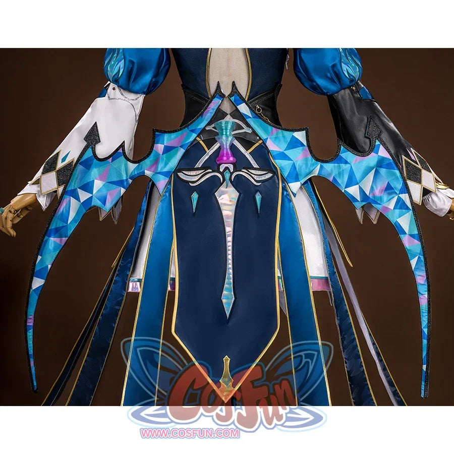 Honkai: Star Rail Cerydra Cosplay Costume&#39;s back is hollowed out, the main color of the skirt is white, the edge is decorated with golden patterns, and several narrow ribbons hang down from the waist, with complex golden patterns on the tips.