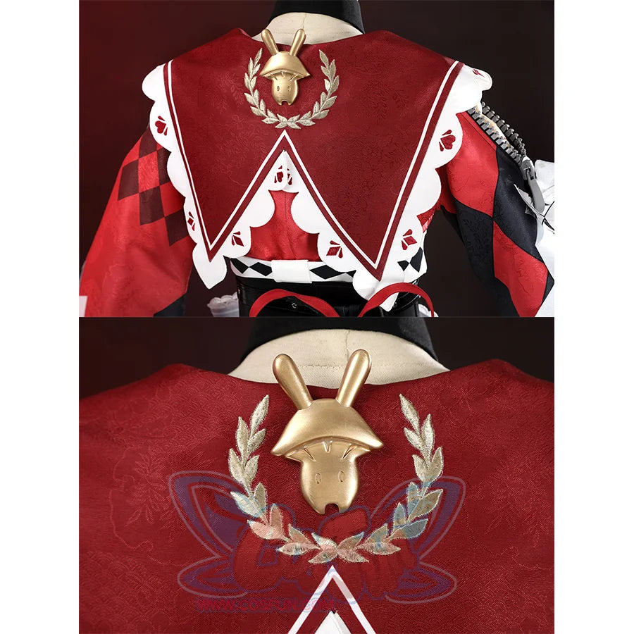 Sparkle cosplay back neckline with golden rabbit emblem, laurel wreath, and white trim detail