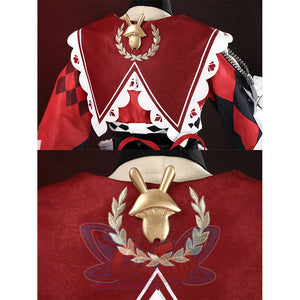 Sparkle cosplay back neckline with golden rabbit emblem, laurel wreath, and white trim detail