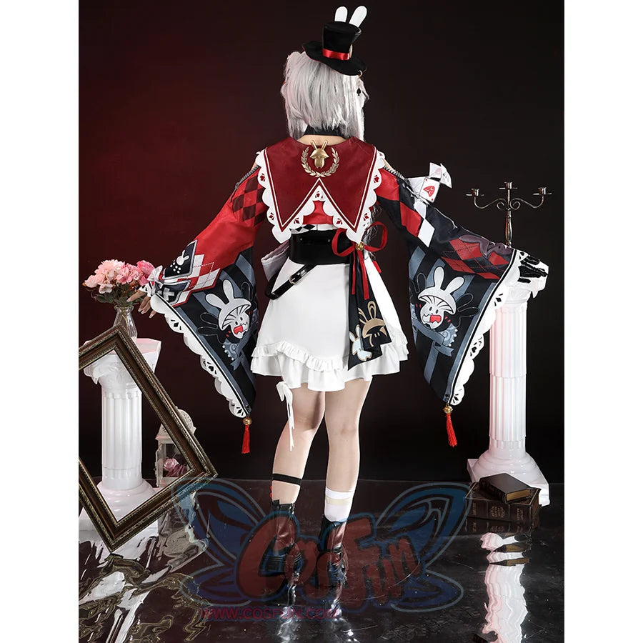 Sparkle cosplay costume full set with white dress, red patterned cape, black gloves, and rabbit ear headpiece