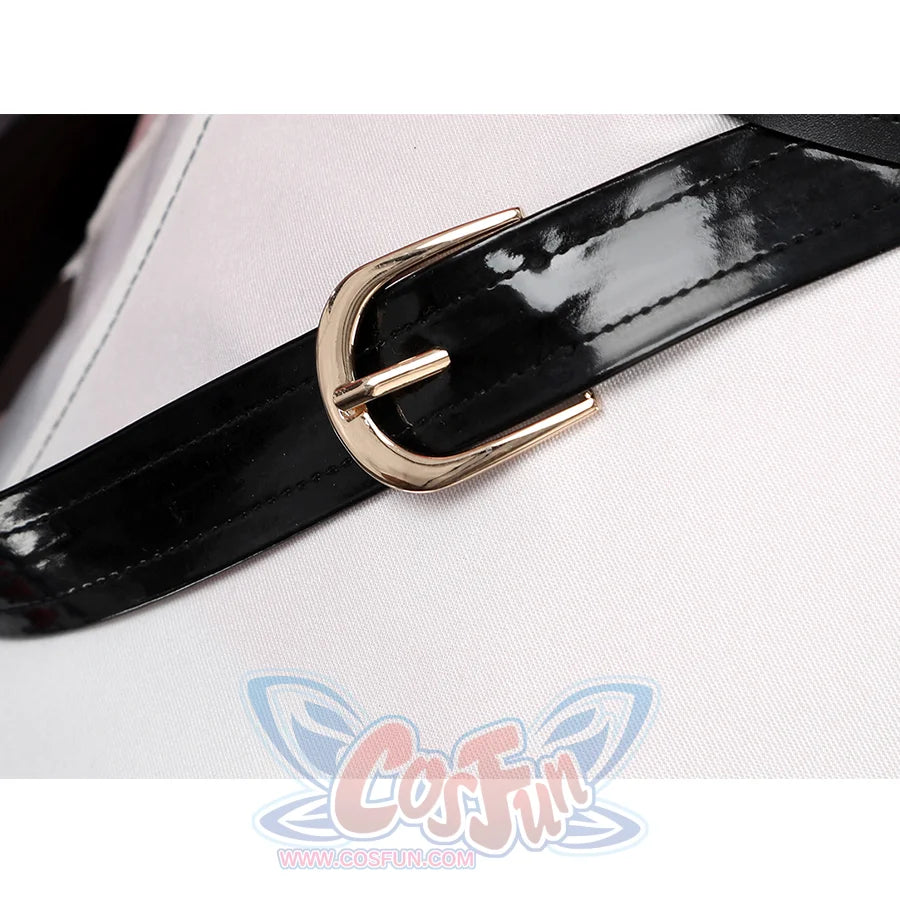 Sparkle cosplay belt detail with black patent leather strap and golden rectangular buckle