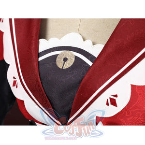 Sparkle cosplay chest detail with red cape trim, white ruffles, and black fabric with button accent
