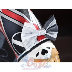 Sparkle cosplay cuff bow with striped ribbon in white, black, and red on sleeve detail