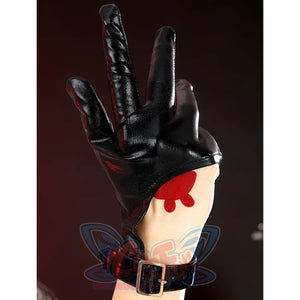Sparkle cosplay glove with black patent leather, red trim, butterfly charm, and golden buckle