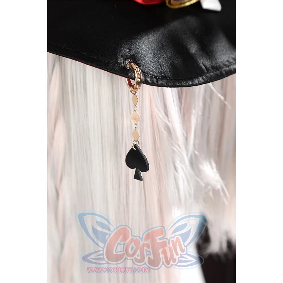 Sparkle cosplay hat pendant with golden chain and black spade playing card charm detail
