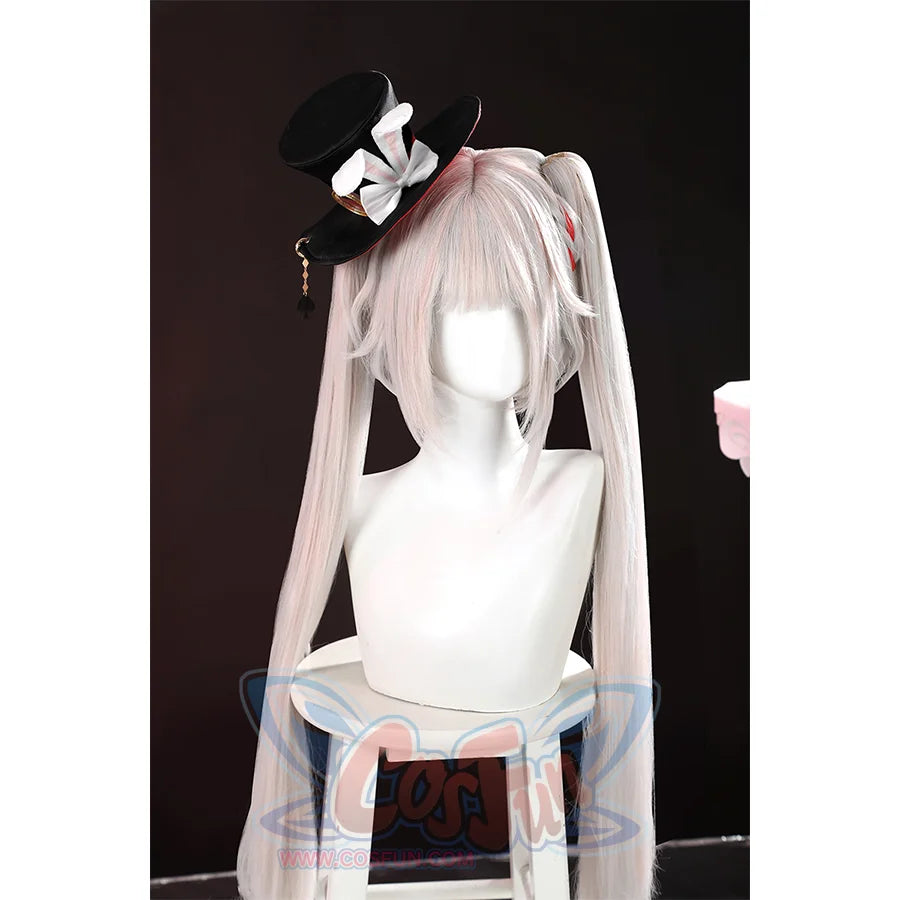 Sparkle cosplay headwear with white rabbit ear hat, black mini top hat, bow, and pink wig