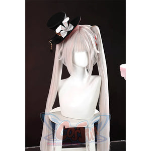 Sparkle cosplay headwear with white rabbit ear hat, black mini top hat, bow, and pink wig