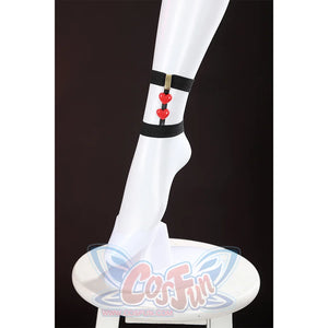 Sparkle cosplay leg strap with black band, red bead charms, and white stocking accessory detail