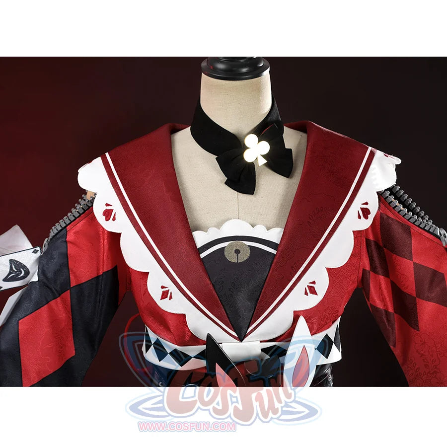 Sparkle cosplay costume neckline detail with black bow tie, red cape collar, and checkered trim
