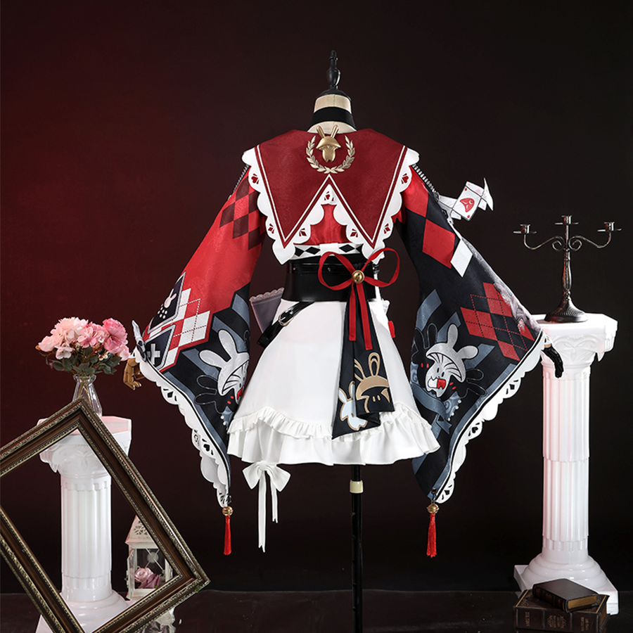 Sparkle cosplay costume back view on mannequin showing patterned cape with rabbit designs