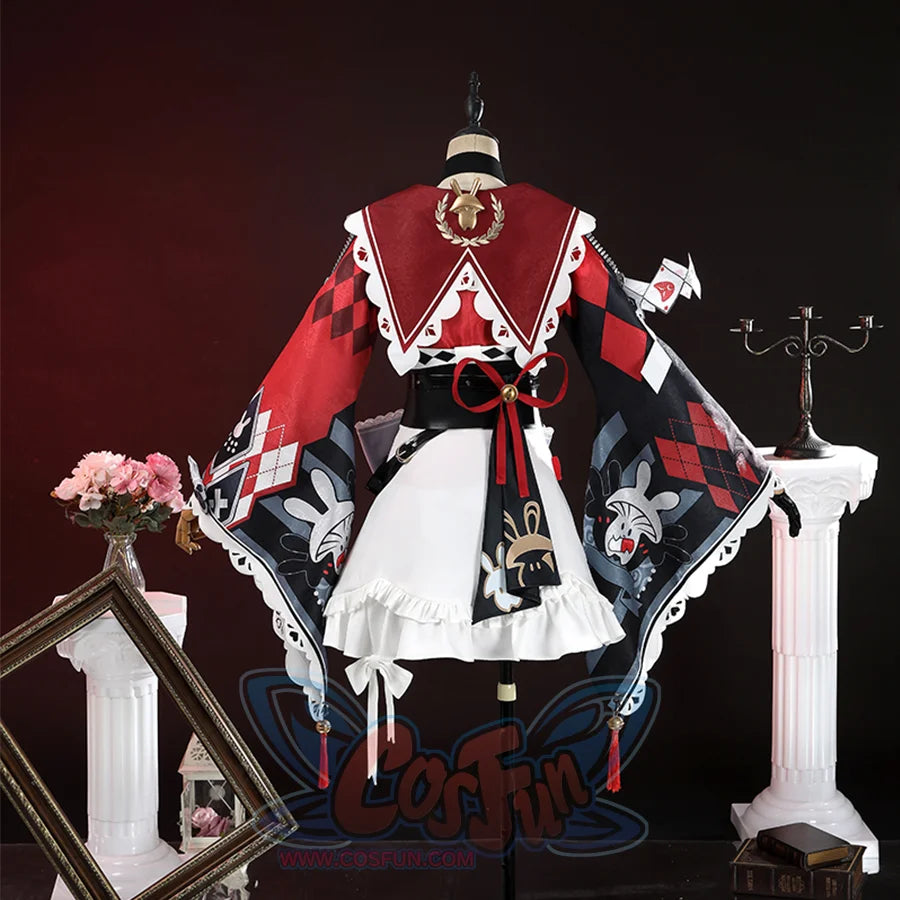 Sparkle cosplay costume back view on mannequin showing patterned cape with rabbit designs