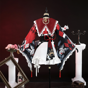 Sparkle cosplay costume back view on mannequin showing patterned cape with rabbit designs