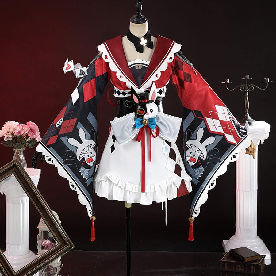 Sparkle cosplay costume complete set displayed on mannequin with red cape and white dress detail