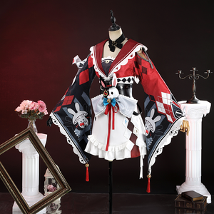 Sparkle cosplay left side view on mannequin with checkered cape and white ruffled dress details