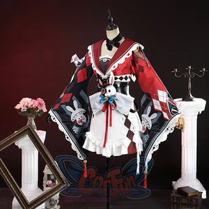 Sparkle cosplay left side view on mannequin with checkered cape and white ruffled dress details