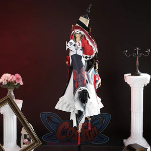 Sparkle cosplay costume side view on mannequin showing red cape with white dress and accessories
