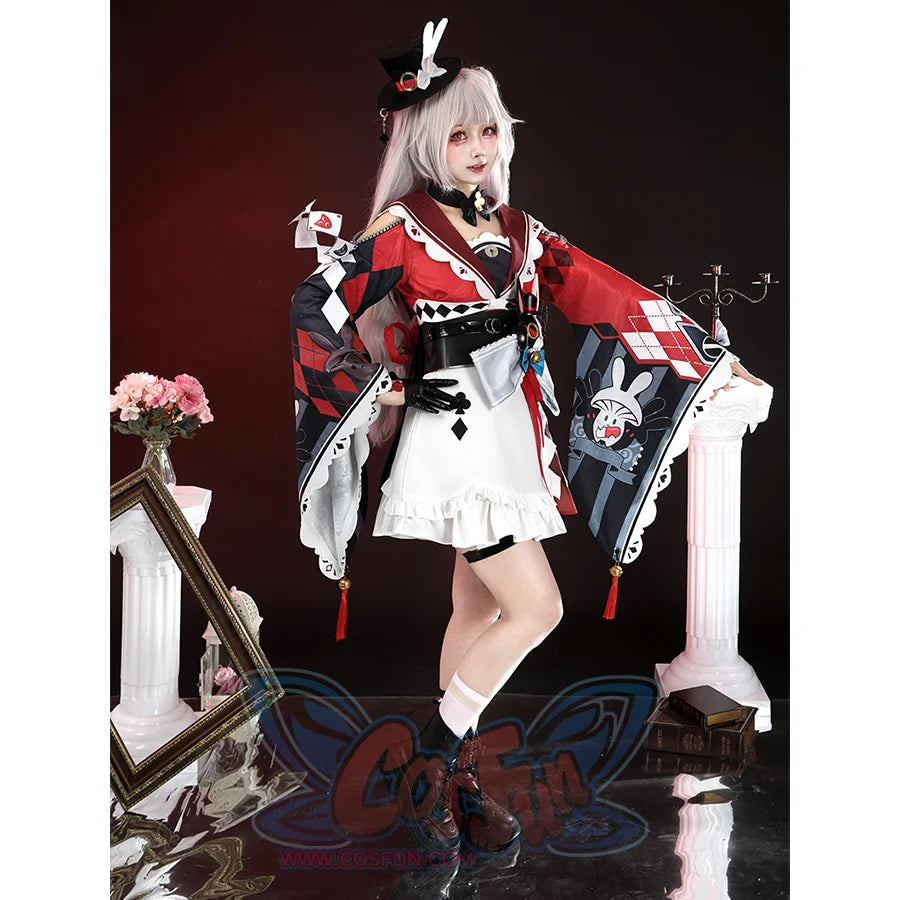 Sparkle cosplay side view featuring flowing cape with checkered patterns and rabbit ear headpiece