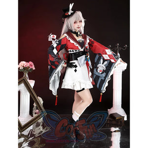 Sparkle cosplay side view featuring flowing cape with checkered patterns and rabbit ear headpiece