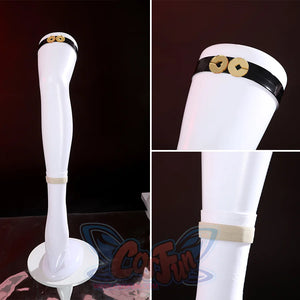 Sparkle cosplay thigh strap with black band, golden circular buckles, and white stockings