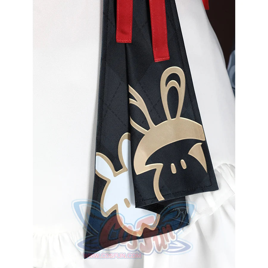 Sparkle cosplay waist ribbon detail with golden rabbit silhouette on black fabric and red trim