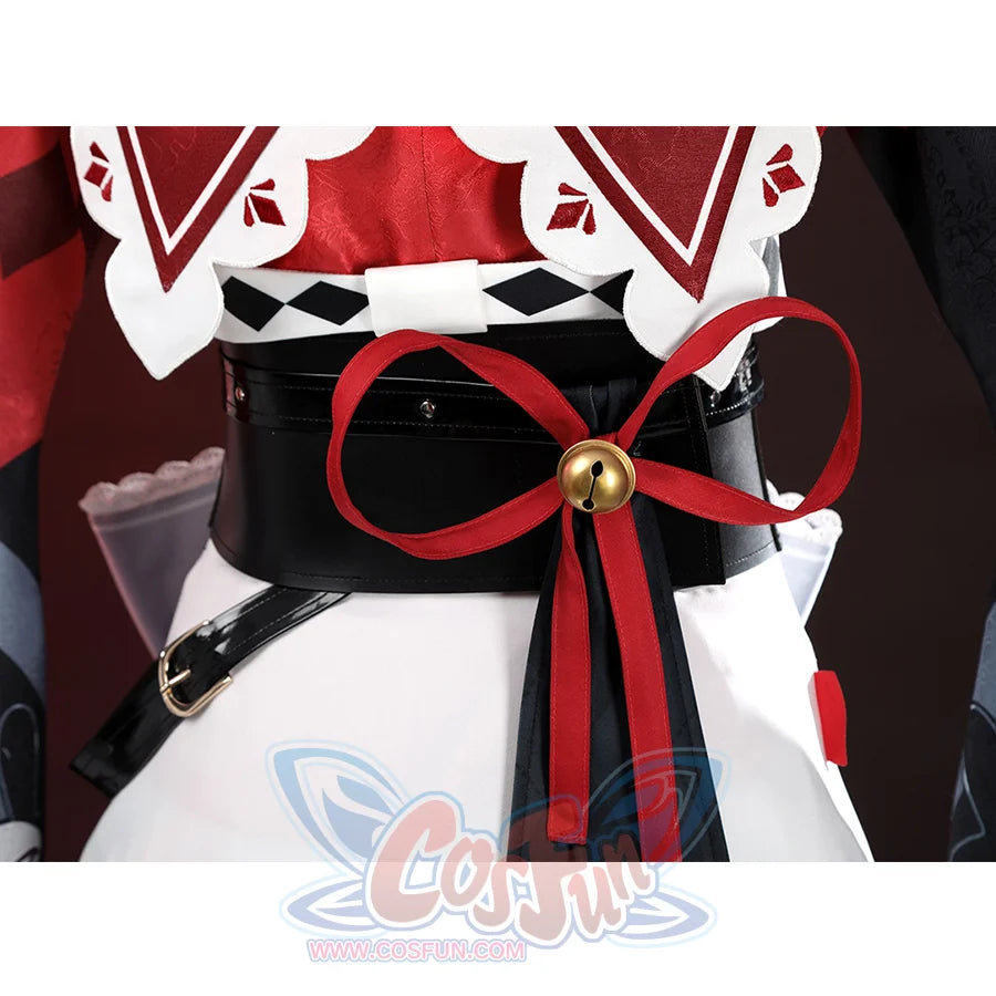 Sparkle cosplay waistband with black checkered belt, red ribbon bow, and golden bell accent