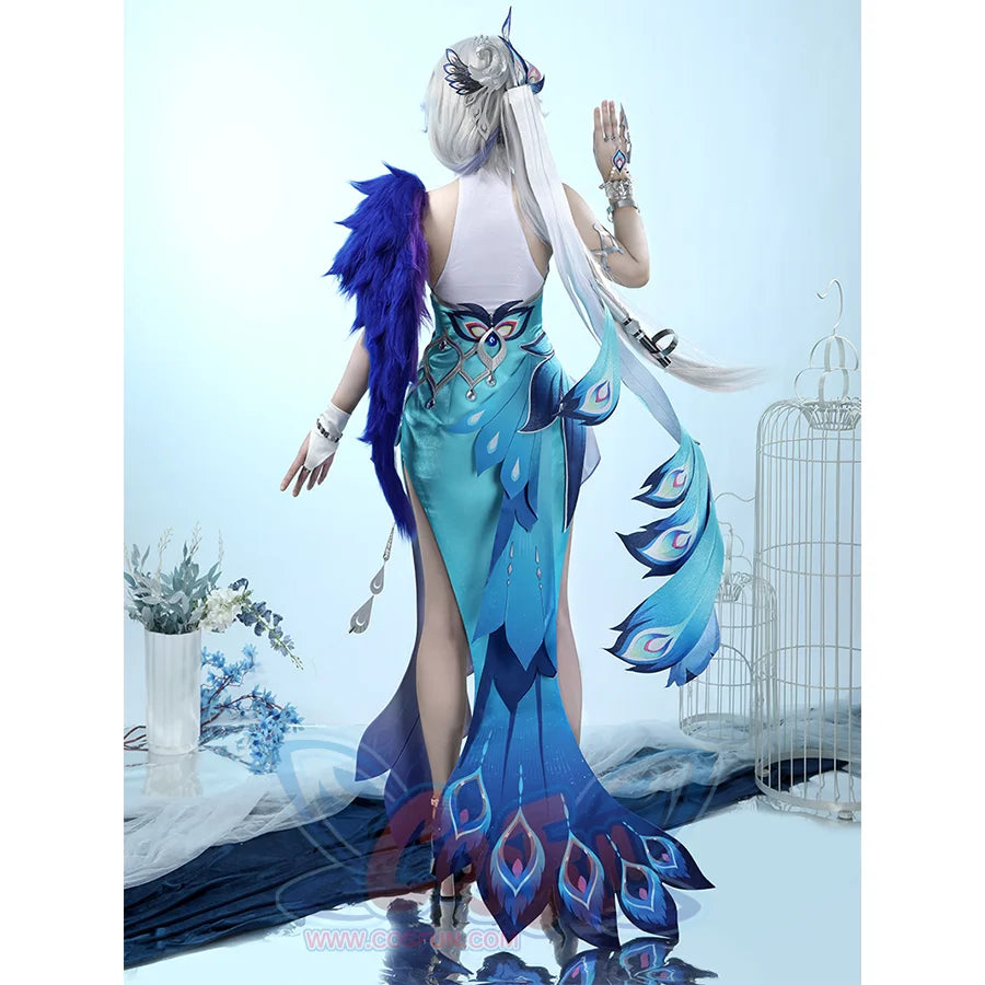 Yao Guang cosplay costume back view with decorative blue feathered tail and intricate teal gown details