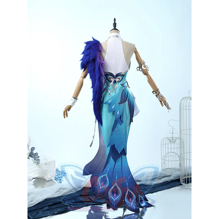 Yao Guang cosplay dress back view on mannequin, showing blue feathered design and teal gradient skirt
