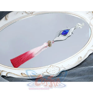 Yao Guang cosplay ear clips with silver design, blue gemstone, and pink-red gradient tassel detail