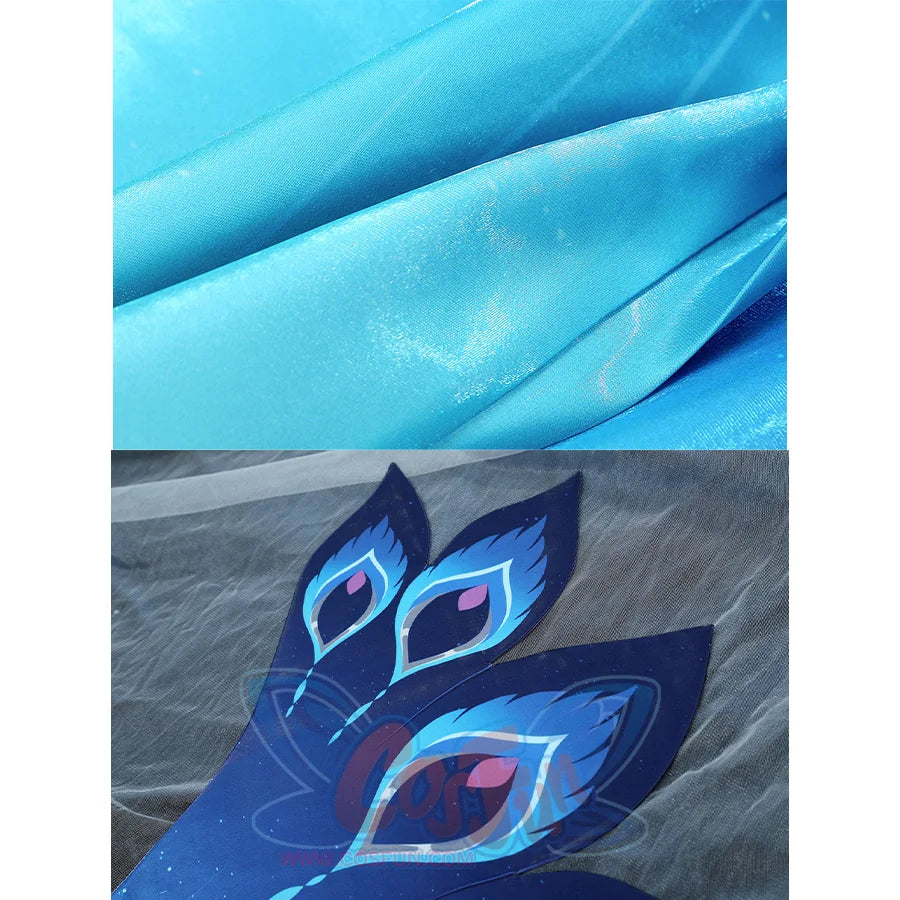 Yao Guang cosplay costume fabrics detail showing teal satin and blue feather pattern appliques