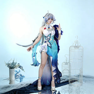 Yao Guang cosplay costume front view, featuring a white and teal gown with blue feather trim and elegant accessories