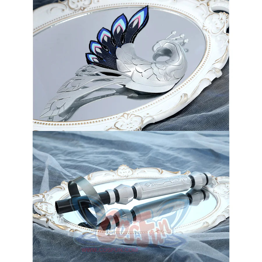 Yao Guang cosplay accessories detail with feathered hairpiece and silver ornamental weapon prop