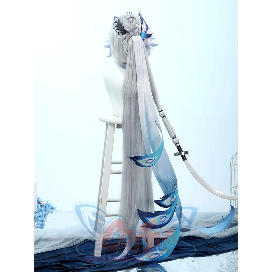 Yao Guang cosplay head accessory back view on mannequin with white wig and blue feather ornaments