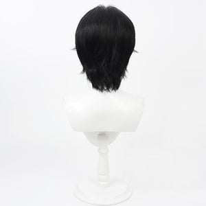 Hazbin Hotel Husk cosplay wig, short black hair with white highlighted sides, back view on mannequin