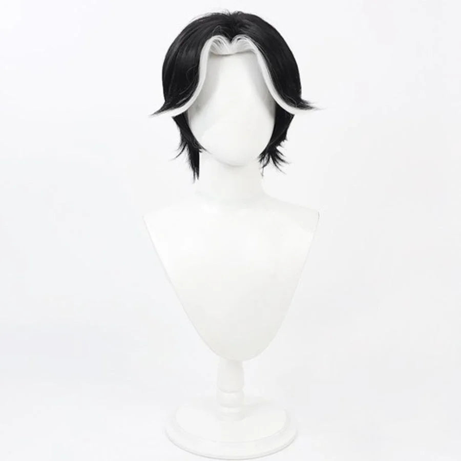 Hazbin Hotel Husk cosplay wig, short black hair with white highlighted sides, front view on mannequin